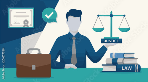 Legal professional with scales of justice, law books, and diploma