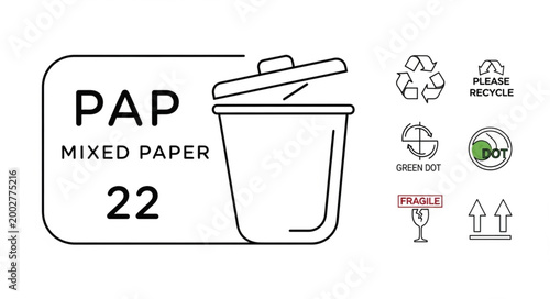 Recycling symbols and trash can for paper waste.