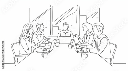Continuous line drawing of a diverse business meeting