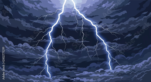 Electric storm, lightning bolt, dark clouds, weather icon, vector illustration