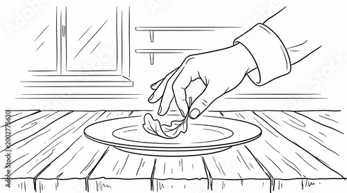 Line drawing of a hand placing a leaf on a plate