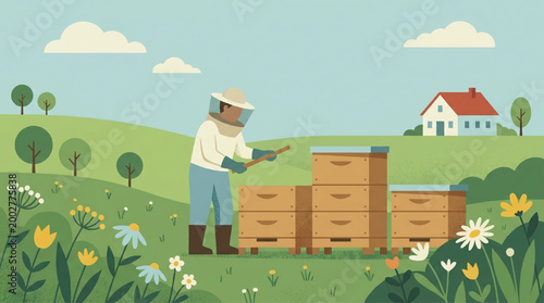 Beekeeper tending to hives in a flower meadow