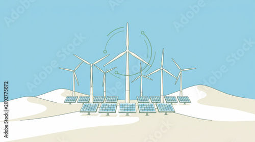 Sustainable energy concept with wind turbines and solar panels