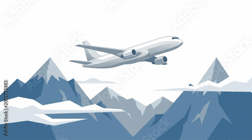 Airplane flying over snowy mountain peaks