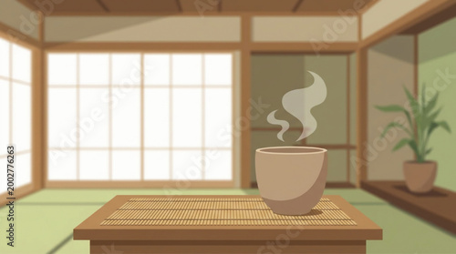 Traditional tea ceremony setting with steam and table