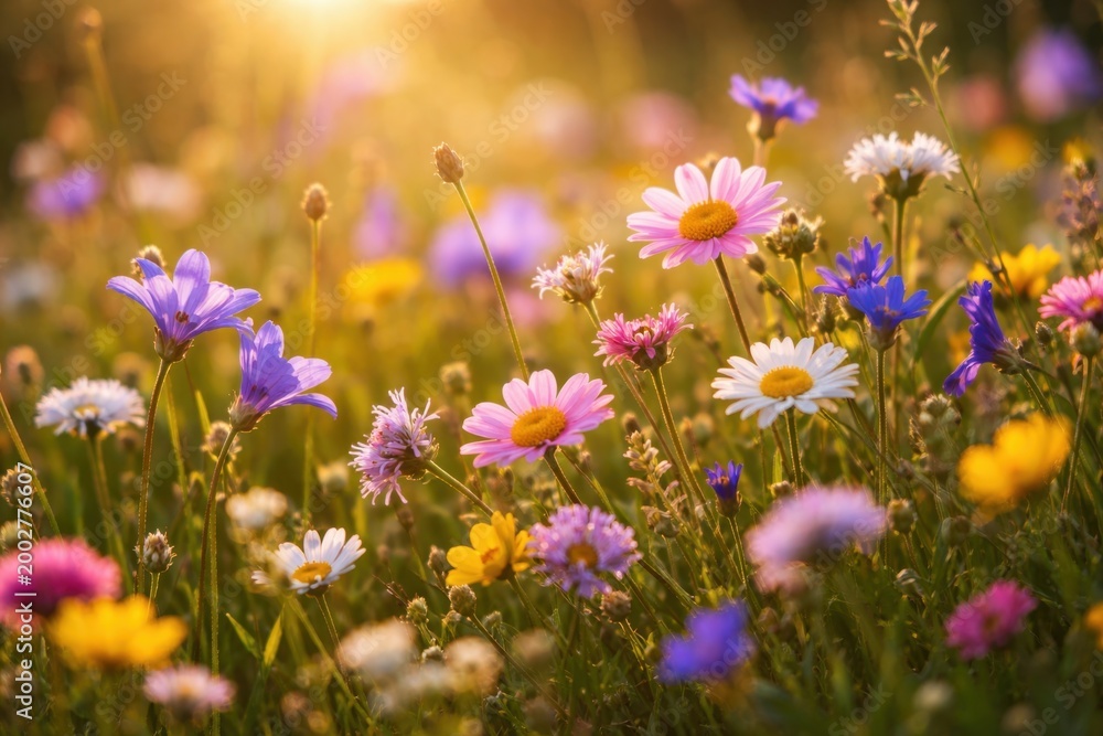 Fototapeta premium Wildflowers blooming in sunny meadow with soft light creating colorful natural summer field scene