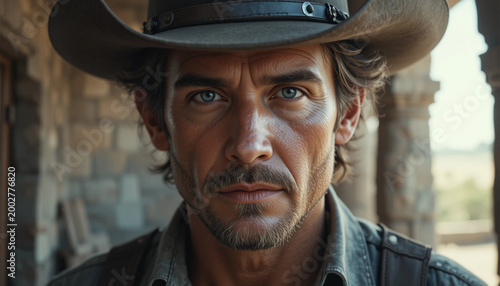 Man Wearing Wide Brim Hat Outdoors in Rustic Setting with Serious Expression