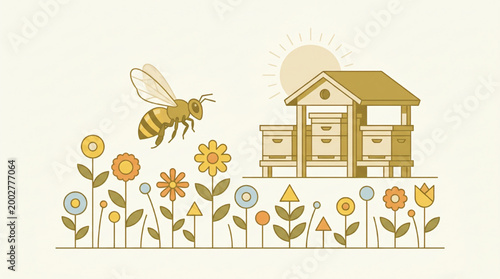 Minimalist illustration of a bee flying near a wooden beehive and colorful flowers