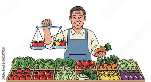 Farmer's market seller weighing fresh produce with a balance scale