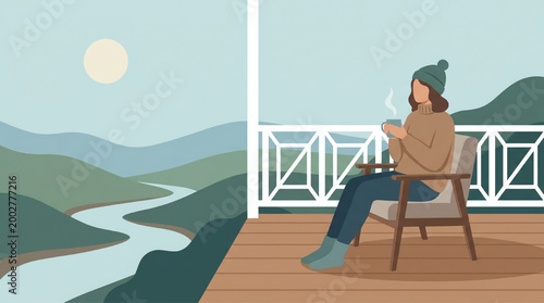 Woman drinking coffee on a cabin balcony with mountain view