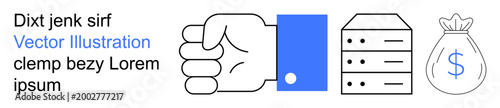 Business security, finance, protest, data storage, economic stability, investment. A fist, server and bag with dollar sign in minimalist style. Business security and finance concept