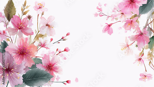 Soft watercolor cherry blossom border with pink flowers and leaves on white background, elegant spring floral design with copy space