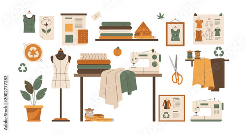 Fashion design studio with garments and sewing tools collection.