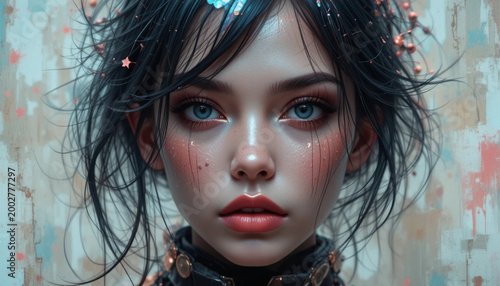 Young Woman with Bright Blue Eyes and Wet Hair in Artistic Portrait