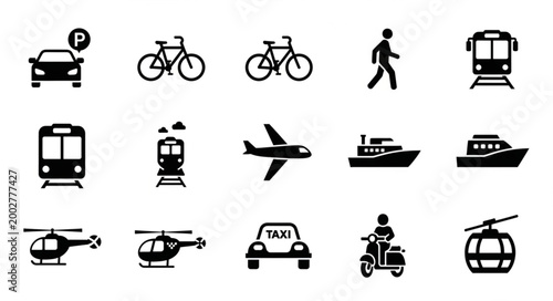 Collection of transportation icons representing various modes of travel.
