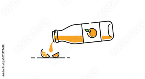 Refreshing orange juice pouring from a glass bottle onto a flat surface with fresh orange slices placed next to it.