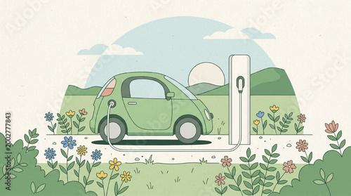 Electric Vehicle Charging at Sunset in Meadow