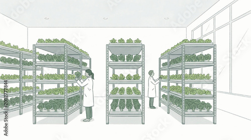 Scientists working in modern vertical indoor farm