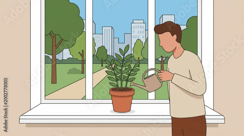 Man watering a houseplant near a window overlooking a city park