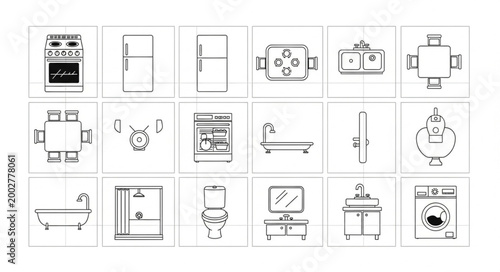 Collection of architectural drawings of household appliances and furniture.