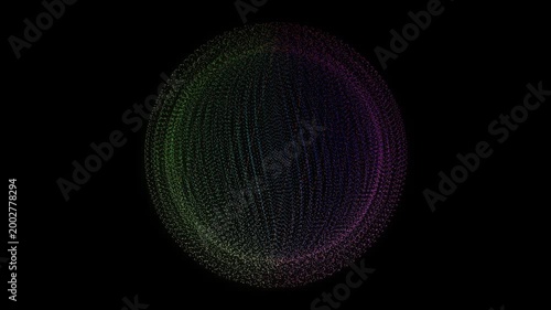 Futuristic animation of an abstract sphere made of glowing dots with a rainbow gradient, distributed along a Fibonacci spiral with dynamic color changes on a black background.