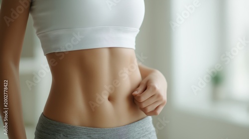 Close up of fit woman showing her toned abdominal muscles.