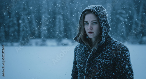 Young Woman Wearing Dark Hooded Coat Standing in Snowy Forest Scene