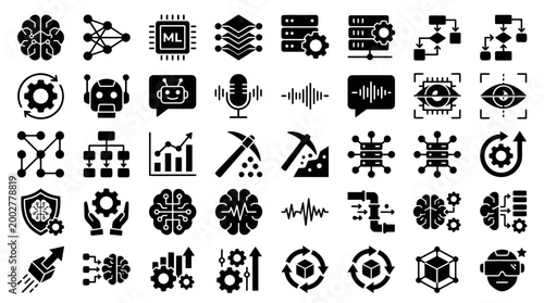Collection of black mechanical icons featuring gears, tools, and industrial symbols in a cohesive design set.