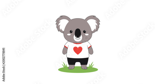 Cute little koala bear standing on green grass wearing a white t-shirt with a large red heart printed in the center.