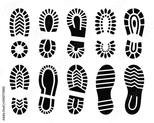 Boot impression icons with heavy tread footprints, outdoor survival concept vector design for search and rescue training, wilderness adventure, and tracking graphics
