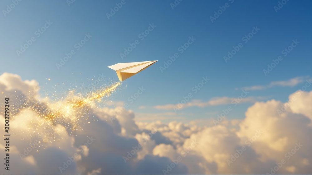 Fototapeta premium Paper airplane flying through clouds with golden sparkles