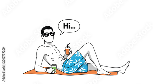 Relaxed man wearing sunglasses and blue floral swim trunks lying on an orange beach towel while holding a tropical drink and greeting.