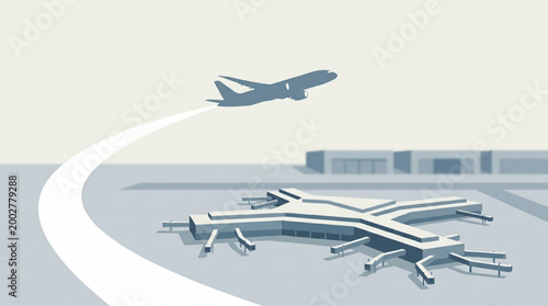 A plane taking off from an airport terminal