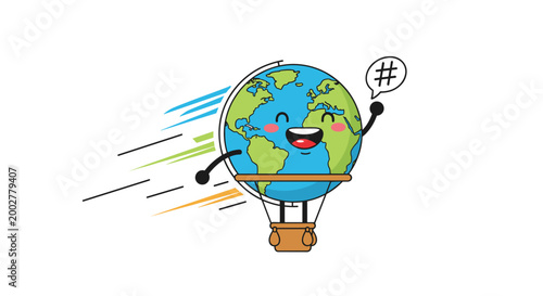 Happy cartoon earth planet character riding in a hot air balloon basket and traveling quickly with motion lines and a hashtag.