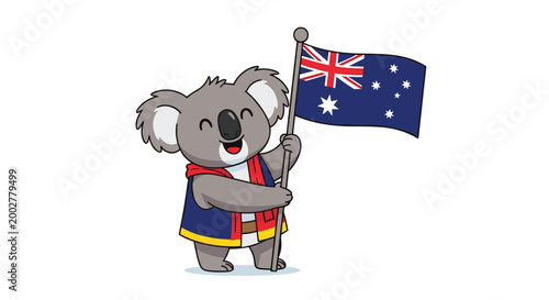 Happy koala bear character wearing a blue and red vest and holding the national flag of Australia on a white background.