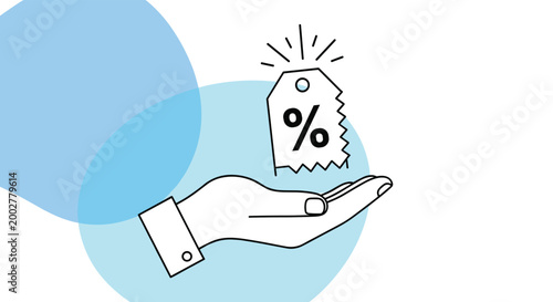 Line drawing of a hand holding a discount price tag with a percentage symbol against an abstract blue circular background.