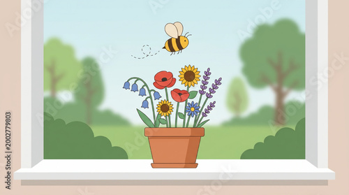 Illustration of a bee and flowers in a terracotta pot on a windowsill