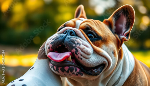 Cute Brown and White Bulldog Puppy Playing Outdoors in Sunny Park