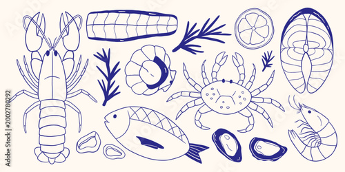 Vector mediterranean navy blue hand drawn outline monochrome doodle seafood set. Lobster, crab, fish, shrimp, mussel, oyster, scallop. Coastal marine seafood illustration, ocean cuisine design.