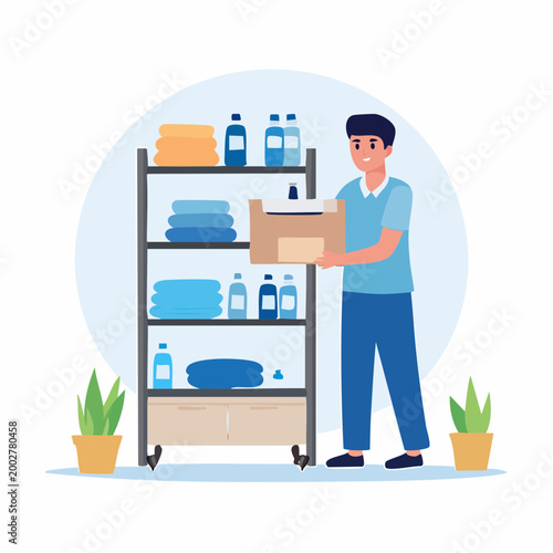 Man Organizing Laundry Room with Shelving Unit