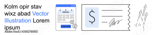 Financial planning, investment strategies, economic growth, banking, budgeting, success. Calendar with dollar icons, check with signature and rising arrows. Financial planning and investment