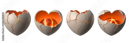 Four cracked white ceramic hearts with glowing orange interiors isolated on transparent background