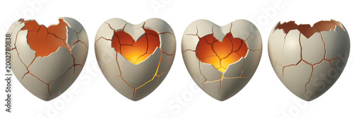 Four cracked white ceramic hearts with glowing orange interiors isolated on transparent background