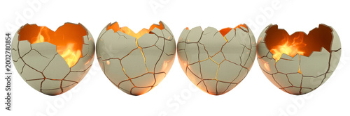 four cracked ceramic hearts with glowing lava effect isolated on transparent background