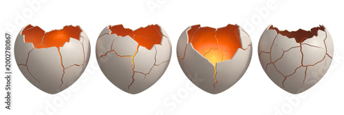 four cracked white ceramic eggs with glowing orange light inside isolated on transparent background
