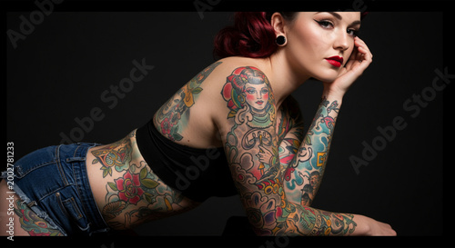 Tattooed Woman with Red Hair in Black Top and Blue Jeans Lying on Dark Background
