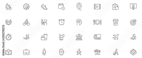 Lifestyle Line Editable Icons set. Vector illustration in modern thin line style of human life related icons: nutrition, entertainment, personal development, daily routine, and more.
