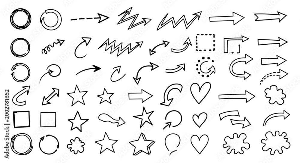 Obraz premium Collection of Hand Drawn Arrows and Shapes Doodle Style.