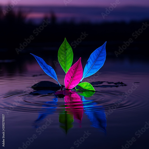 Vibrant Neon Leaves Floating on Rippling Water