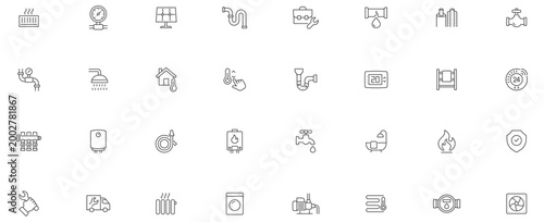 Plumbing and Heating Line Editable Icons set. Vector illustration in modern thin line style of house engineering related icons: pipes, boilers, tools, and more.